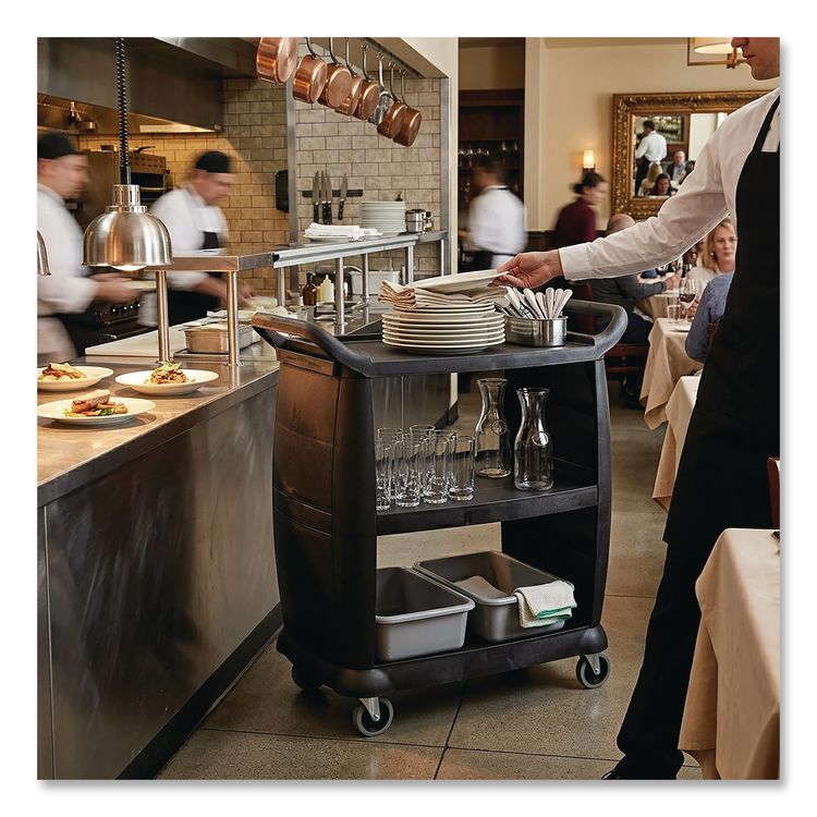 Bussing Cart, Plastic, 3 Shelves, 300 lb Capacity, 18 x 36.25 x 38, Black