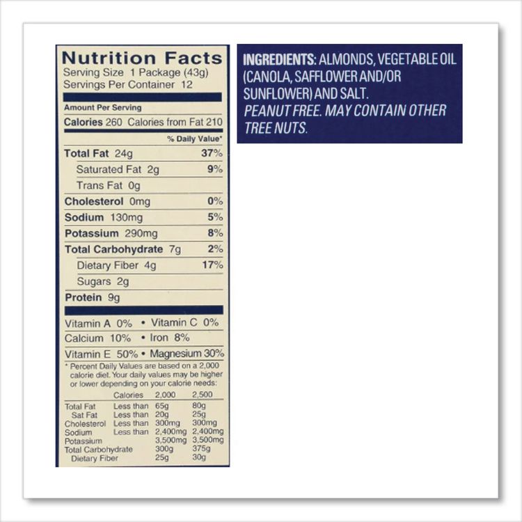 Roasted Salted Almonds, 1.5 oz Tube, 12 Tubes/Carton