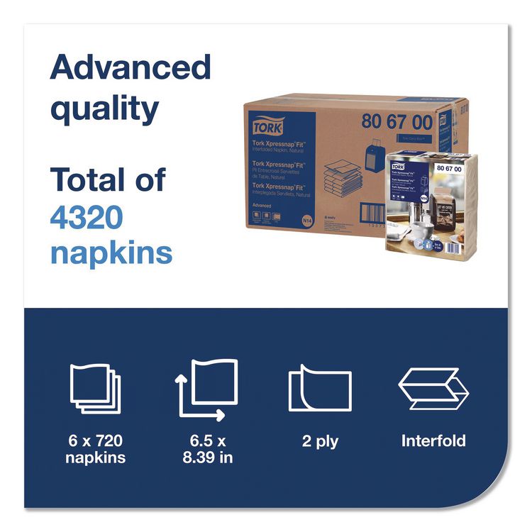 Xpressnap Interfold Dispenser Napkins, 2-Ply, 6.5 x 8.4, Natural, 720/Pack, 6 Packs/Carton
