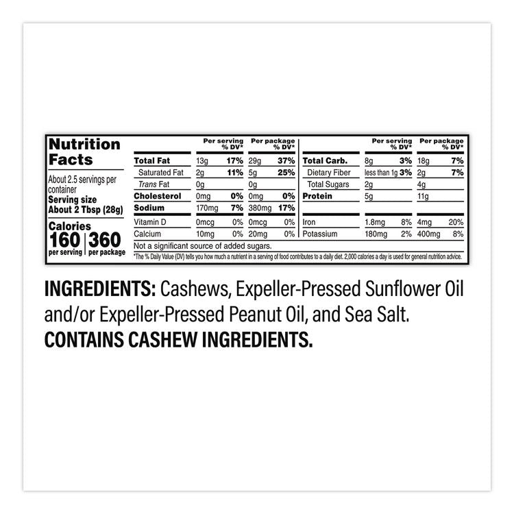 Sea Salted Whole Cashews, 2.25 oz Pouch, 8/Carton