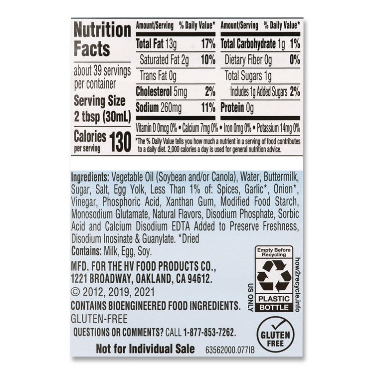 Original Ranch Dressing, 40 oz Bottle, 2 Bottles/Carton