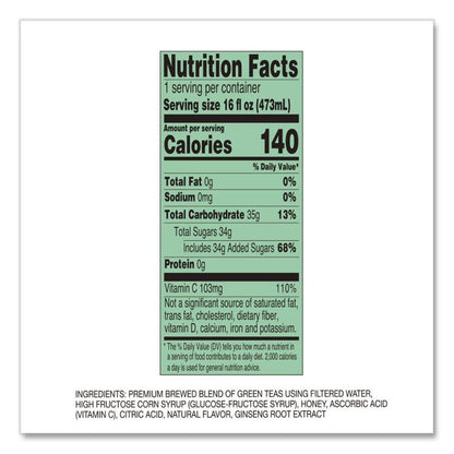 Green Tea with Ginseng and Honey, 16 oz Bottles, 24/Carton