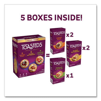 Toasteds Party Pack Cracker Assortment, 8 oz Box, 5 Assorted Boxes/Carton