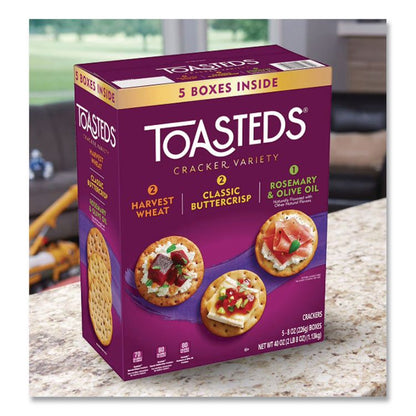 Toasteds Party Pack Cracker Assortment, 8 oz Box, 5 Assorted Boxes/Carton