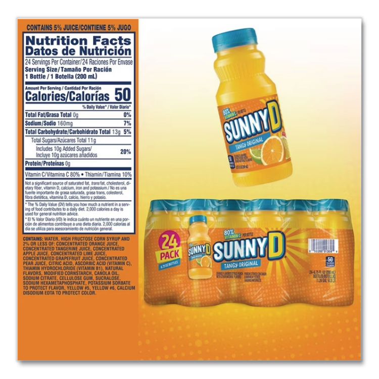 Tangy Original Orange Flavored Citrus Punch, 6.75 oz Bottle, 24/Carton