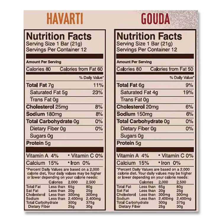 Havarti and Gouda Cheese Snack Bars, 0.75 oz Bars, 24 Bars/Carton