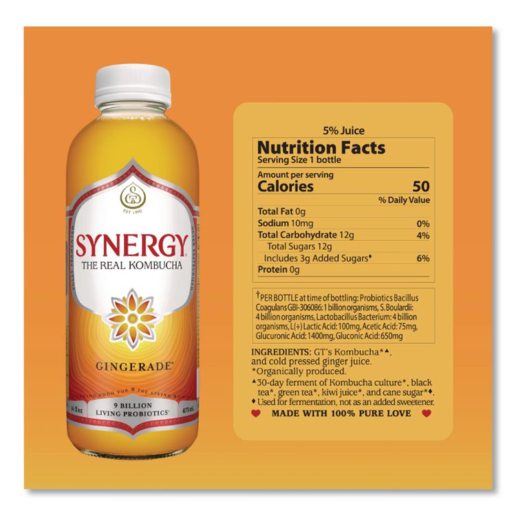 Organic Raw Kombucha Gingerade, 16.2 oz Bottle, 6/Carton