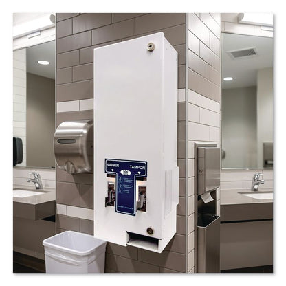 Dual Channel Sanitary Napkin/Tampon Vendor, 50 Cent Coin Mechanism, 11.13 x 7.63 x 26.38, White/Blue