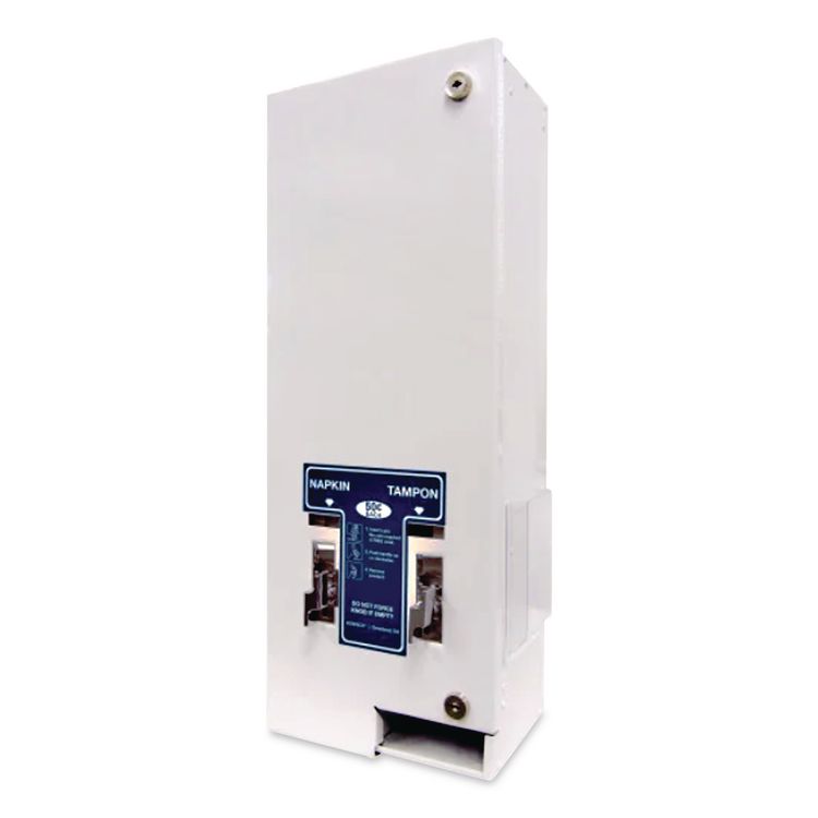 Dual Channel Sanitary Napkin/Tampon Vendor, 50 Cent Coin Mechanism, 11.13 x 7.63 x 26.38, White/Blue
