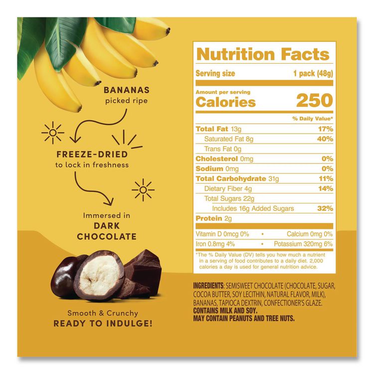 Hyper-Dried Grab and Go Dried Bananas in Dark Chocolate, 1.7 oz Packet, 12/Carton