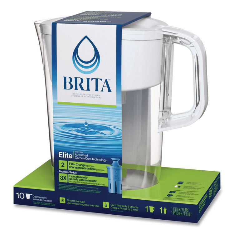 Tahoe Water Pitcher with Elite Filter, 10 Cups, Bright White, 2/Carton
