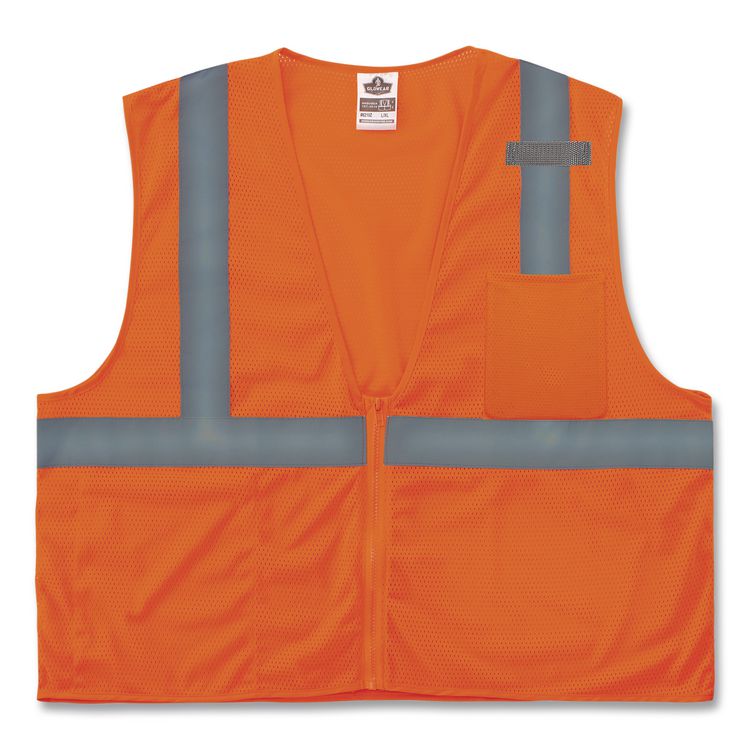 GloWear 8210Z Class 2 Economy Vest, Polyester Mesh, Zipper Closure, Large to X-Large, Orange