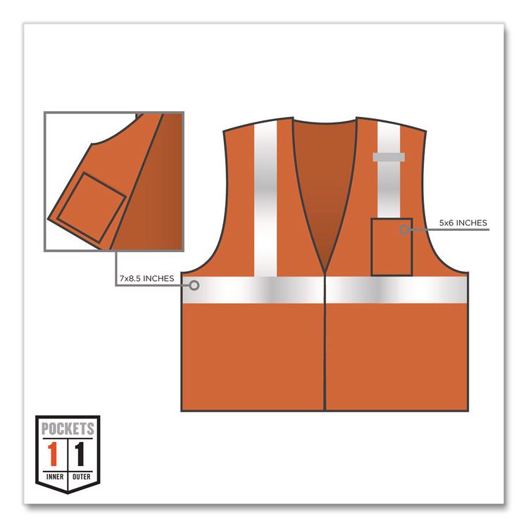GloWear 8210Z Class 2 Economy Vest, Polyester Mesh, Zipper Closure, Large to X-Large, Orange