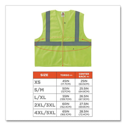 GloWear 8210Z Class 2 Economy Vest, Polyester Mesh, Zipper Closure, 2X-Large to 3X-Large, Lime