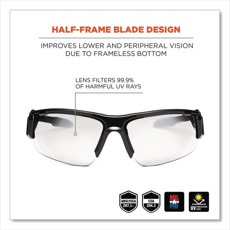 Skullerz Dagr Safety Glasses, Black Half Frame, Clear Single Lens
