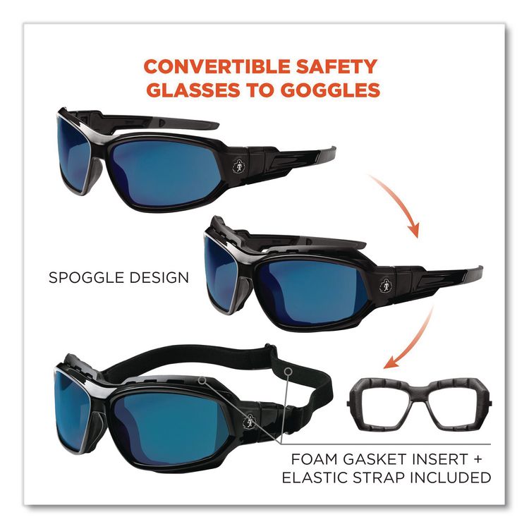 Skullerz Loki Safety Glasses/Goggles, Black Full Frame, Mirrored Blue Dual Lens