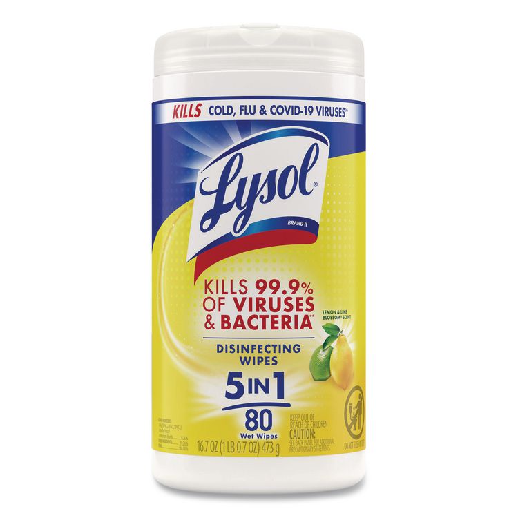 Disinfecting Wipes, 1 Ply, 7 x 7.25, Lemon and Lime Blossom, White, 80 Wipes/Canister, 6 Canisters/Carton