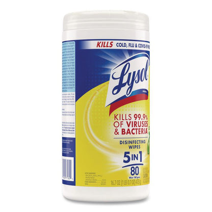 Disinfecting Wipes, 1 Ply, 7 x 7.25, Lemon and Lime Blossom, White, 80 Wipes/Canister, 6 Canisters/Carton
