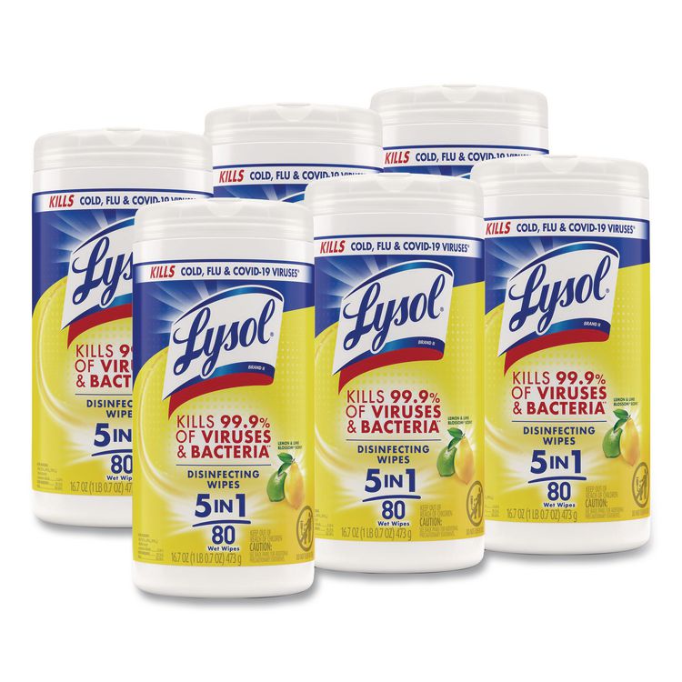 Disinfecting Wipes, 1 Ply, 7 x 7.25, Lemon and Lime Blossom, White, 80 Wipes/Canister, 6 Canisters/Carton
