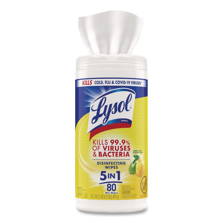 Disinfecting Wipes, 1-Ply, 7 x 7.25, Lemon and Lime Blossom, White, 80 Wipes/Canister