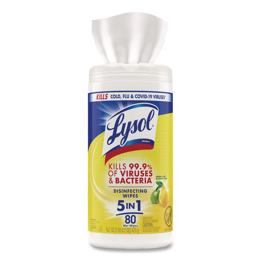 Disinfecting Wipes, 1-Ply, 7 x 7.25, Lemon and Lime Blossom, White, 80 Wipes/Canister