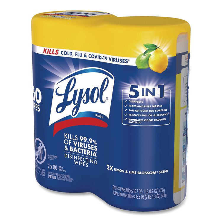 Disinfecting Wipes, 1-Ply, 7 x 7.25, Lemon and Lime Blossom, White, 80 Wipes/Canister, 2 Canisters/Pack, 3 Packs/Carton
