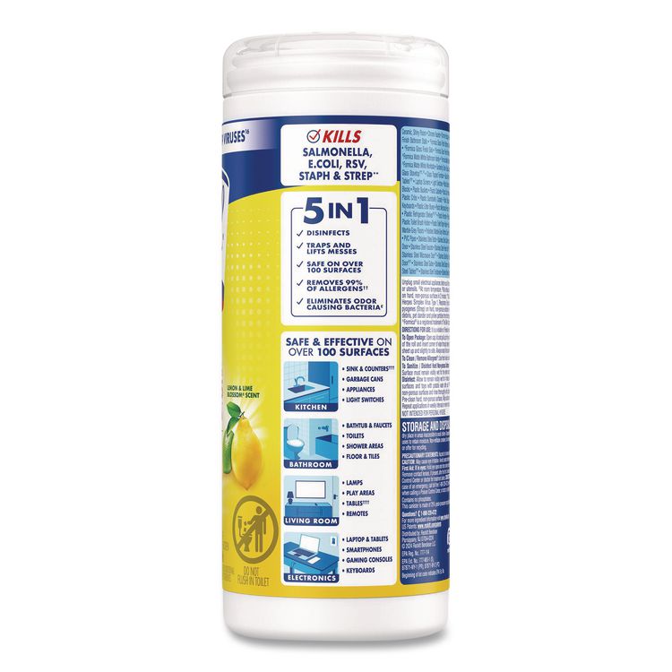 Disinfecting Wipes, 1-Ply, 7 x 7.25, Lemon and Lime Blossom, White, 35 Wipes/Canister
