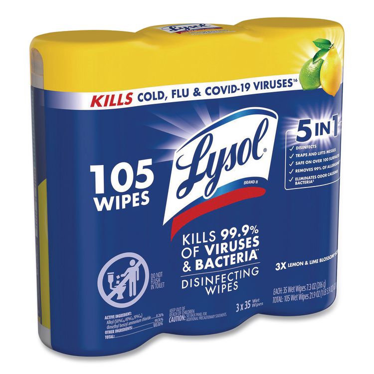 Disinfecting Wipes, 1-Ply, 7 x 7.25, Lemon and Lime Blossom, White, 35 Wipes/Canister, 3 Canisters/Pack, 4 Packs/Carton