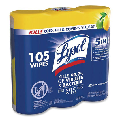 Disinfecting Wipes, 1-Ply, 7 x 7.25, Lemon and Lime Blossom, White, 35 Wipes/Canister, 3 Canisters/Pack, 4 Packs/Carton