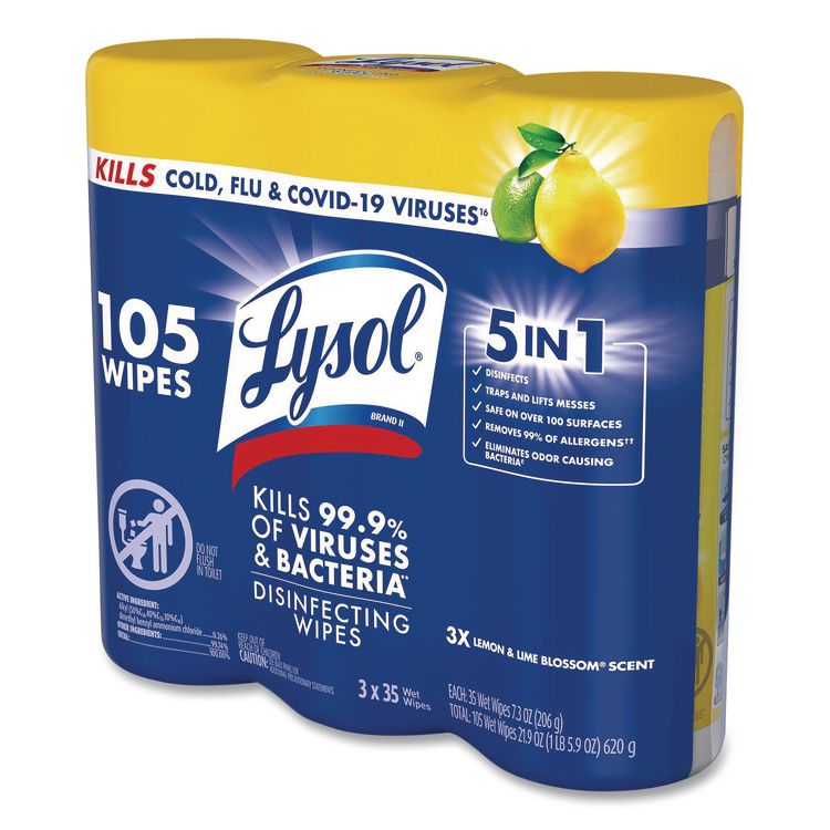 Disinfecting Wipes, 1-Ply, 7 x 7.25, Lemon and Lime Blossom, White, 35 Wipes/Canister, 3 Canisters/Pack, 4 Packs/Carton