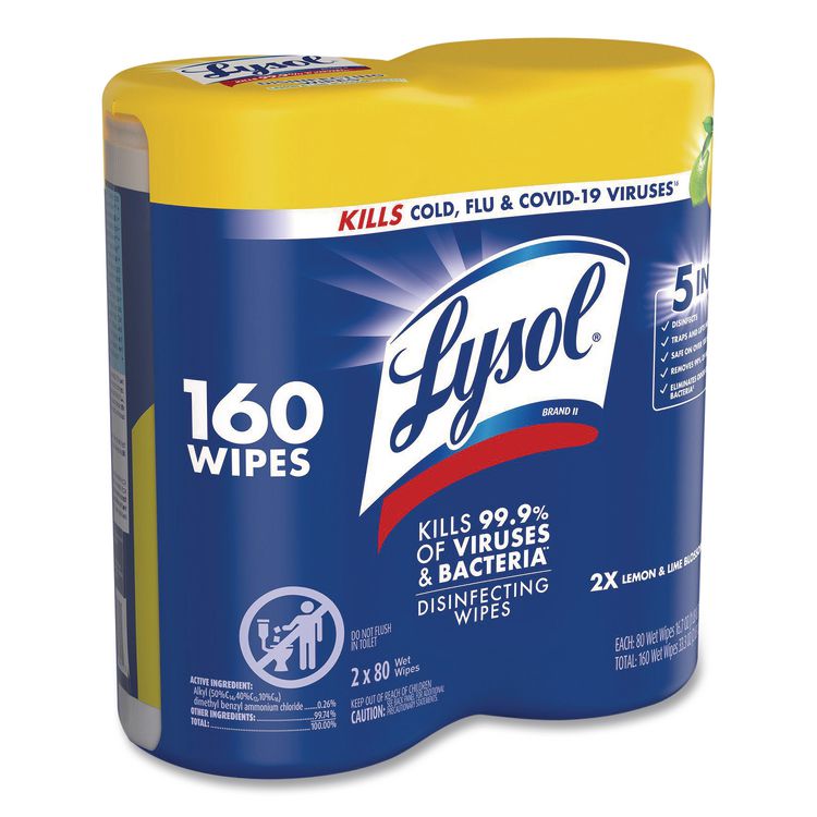 Disinfecting Wipes, 1-Ply, 7 x 7.25, Lemon and Lime Blossom, White, 80 Wipes/Canister, 2 Canisters/Pack