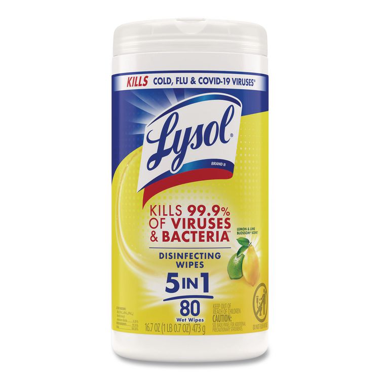 Disinfecting Wipes, 1-Ply, 7 x 7.25, Lemon and Lime Blossom, White, 80 Wipes/Canister