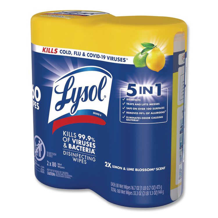 Disinfecting Wipes, 1-Ply, 7 x 7.25, Lemon and Lime Blossom, White, 80 Wipes/Canister, 2 Canisters/Pack
