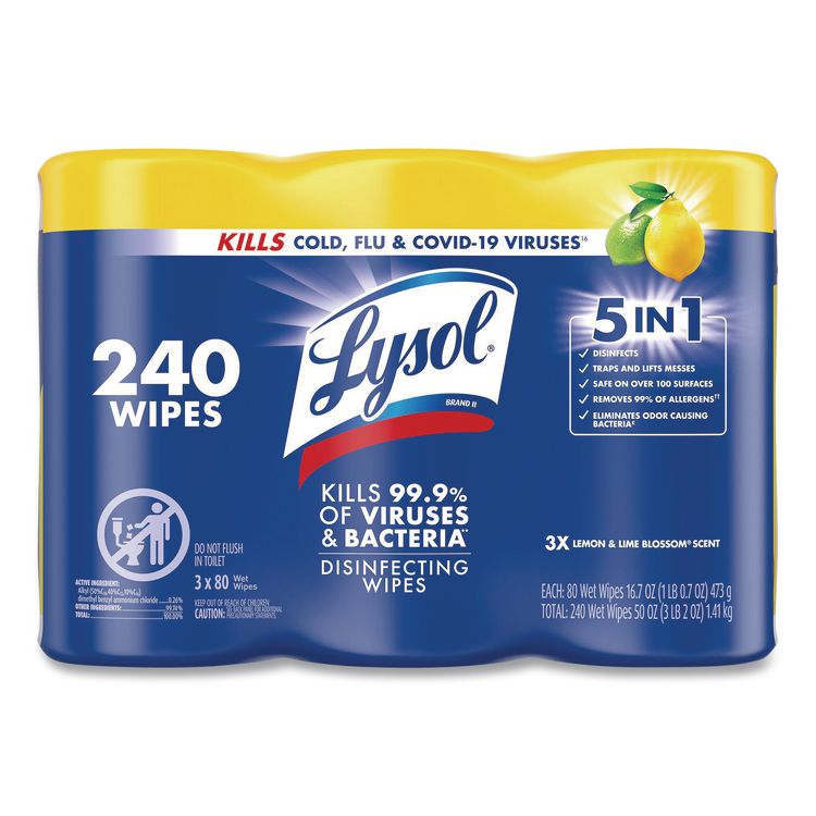 Disinfecting Wipes, 1-Ply, 7 x 7.25, Lemon and Lime Blossom, White, 80 Wipes/Canister, 3 Canisters/Pack, 2 Packs/Carton
