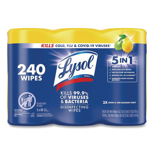 Disinfecting Wipes, 1-Ply, 7 x 7.25, Lemon and Lime Blossom, White, 80 Wipes/Canister, 3 Canisters/Pack, 2 Packs/Carton