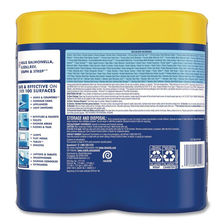 Disinfecting Wipes, 1-Ply, 7 x 7.25, Lemon and Lime Blossom, White, 80 Wipes/Canister, 2 Canisters/Pack