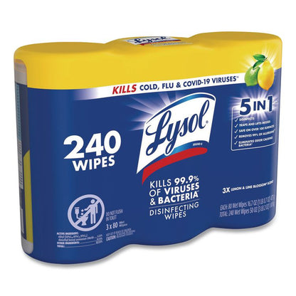Disinfecting Wipes, 1-Ply, 7 x 7.25, Lemon and Lime Blossom, White, 80 Wipes/Canister, 3 Canisters/Pack, 2 Packs/Carton