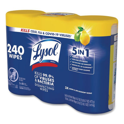 Disinfecting Wipes, 1-Ply, 7 x 7.25, Lemon and Lime Blossom, White, 80 Wipes/Canister, 3 Canisters/Pack, 2 Packs/Carton