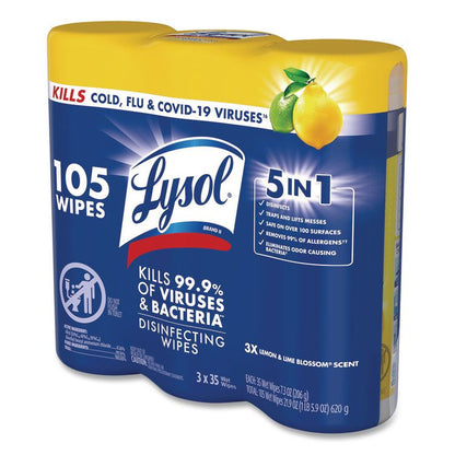 Disinfecting Wipes, 1-Ply, 7 x 7.25, Lemon and Lime Blossom, White, 35 Wipes/Canister, 3 Canisters/Pack