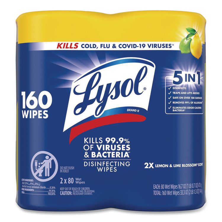 Disinfecting Wipes, 1-Ply, 7 x 7.25, Lemon and Lime Blossom, White, 80 Wipes/Canister, 2 Canisters/Pack