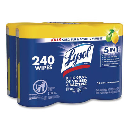 Disinfecting Wipes, 1-Ply, 7 x 7.25, Lemon and Lime Blossom, White, 80 Wipes/Canister, 3 Canisters/Pack, 2 Packs/Carton