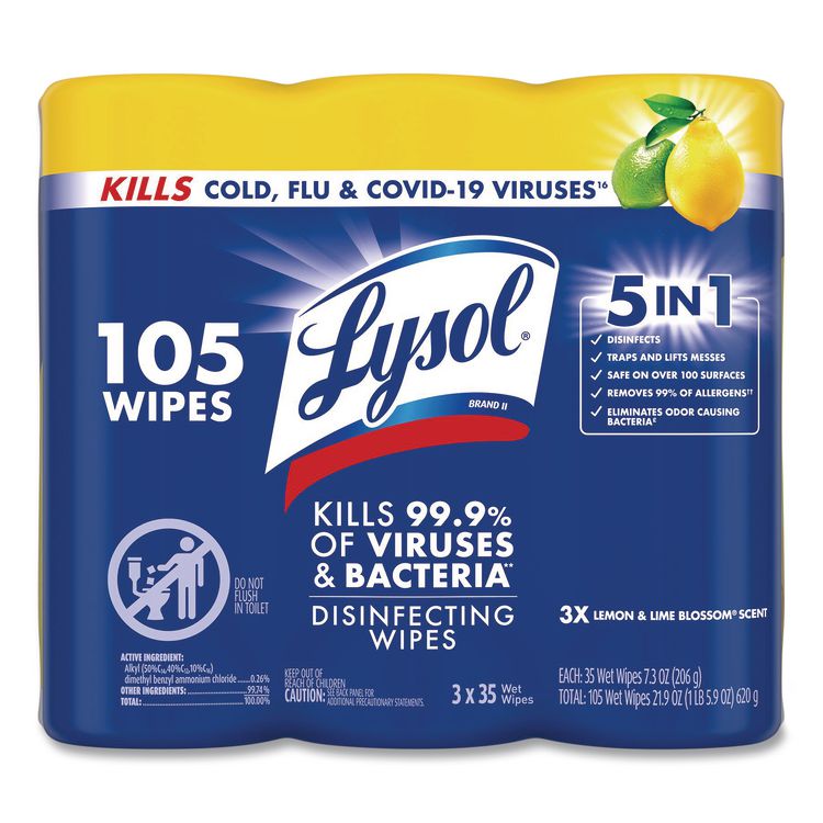 Disinfecting Wipes, 1-Ply, 7 x 7.25, Lemon and Lime Blossom, White, 35 Wipes/Canister, 3 Canisters/Pack