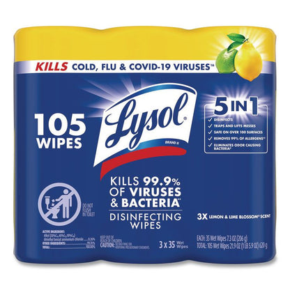 Disinfecting Wipes, 1-Ply, 7 x 7.25, Lemon and Lime Blossom, White, 35 Wipes/Canister, 3 Canisters/Pack