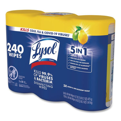 Disinfecting Wipes, 1-Ply, 7 x 7.25, Lemon and Lime Blossom, White, 80 Wipes/Canister, 3 Canisters/Pack