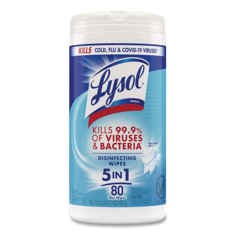 Disinfecting Wipes, 1-Ply, 7 x 7.25, Crisp Linen, White, 80 Wipes/Canister