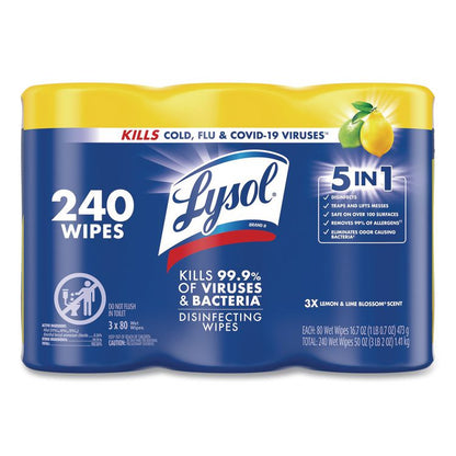 Disinfecting Wipes, 1-Ply, 7 x 7.25, Lemon and Lime Blossom, White, 80 Wipes/Canister, 3 Canisters/Pack