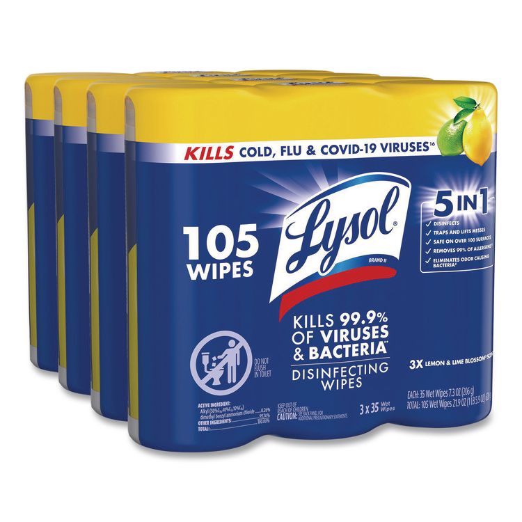 Disinfecting Wipes, 1-Ply, 7 x 7.25, Lemon and Lime Blossom, White, 35 Wipes/Canister, 3 Canisters/Pack, 4 Packs/Carton