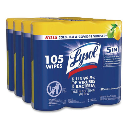 Disinfecting Wipes, 1-Ply, 7 x 7.25, Lemon and Lime Blossom, White, 35 Wipes/Canister, 3 Canisters/Pack, 4 Packs/Carton