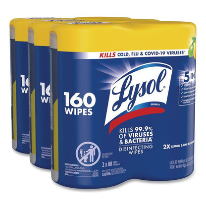 Disinfecting Wipes, 1-Ply, 7 x 7.25, Lemon and Lime Blossom, White, 80 Wipes/Canister, 2 Canisters/Pack, 3 Packs/Carton