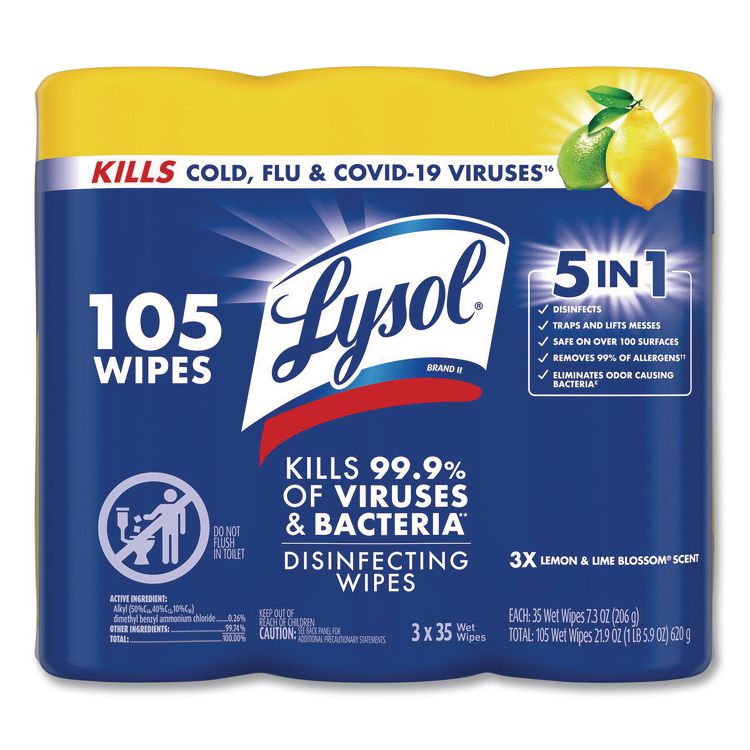 Disinfecting Wipes, 1-Ply, 7 x 7.25, Lemon and Lime Blossom, White, 35 Wipes/Canister, 3 Canisters/Pack, 4 Packs/Carton